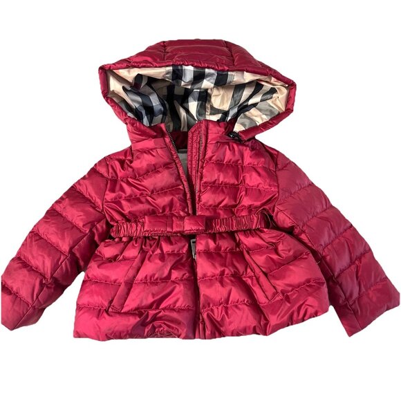 Burberry Puffer Coat Baby Girl 6 Months Maroon Goose Down Hooded Plaid Lined - Picture 1 of 7